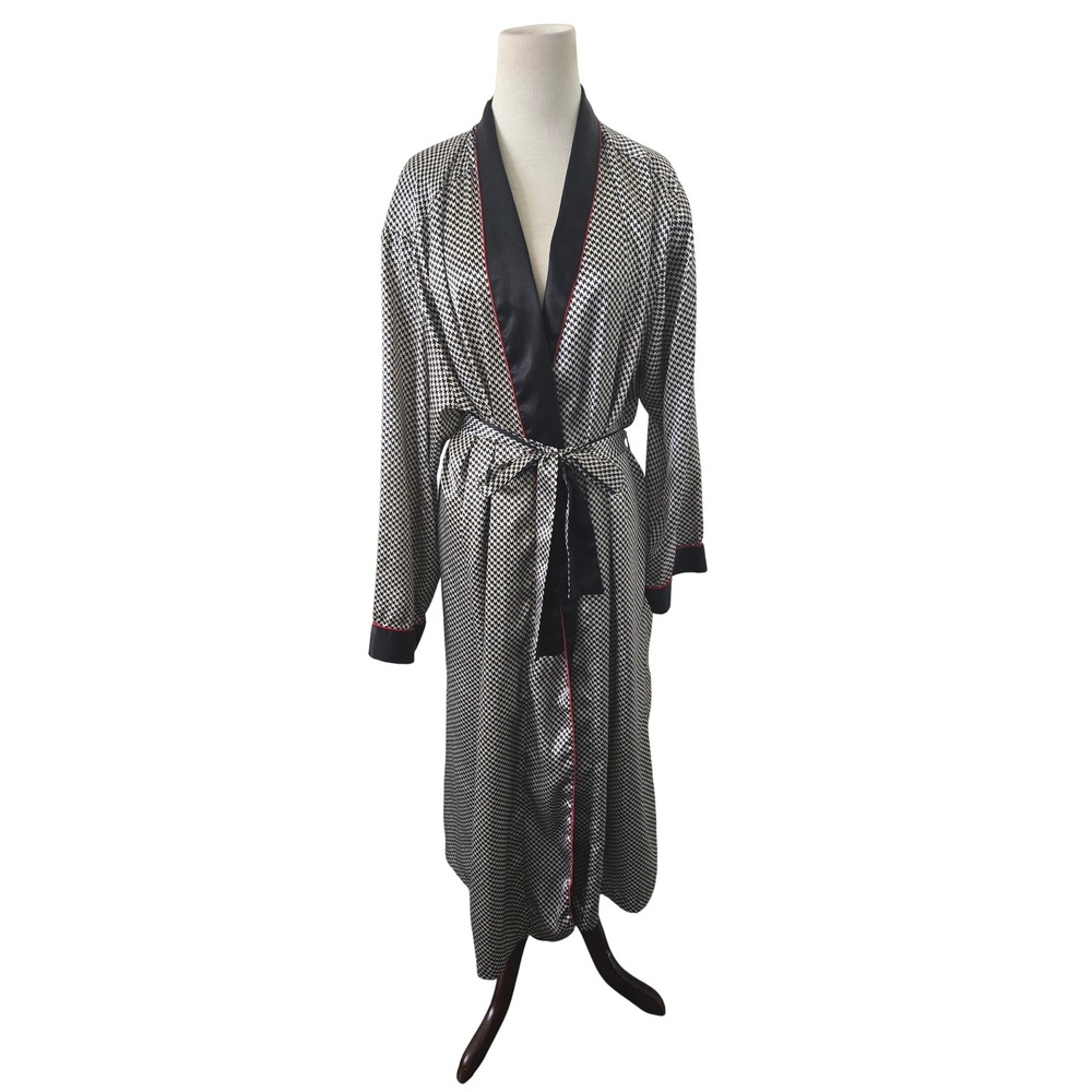 Vtg Today Tonight Womens Houndstooth Robe Black White Red Piping Satin Finish L